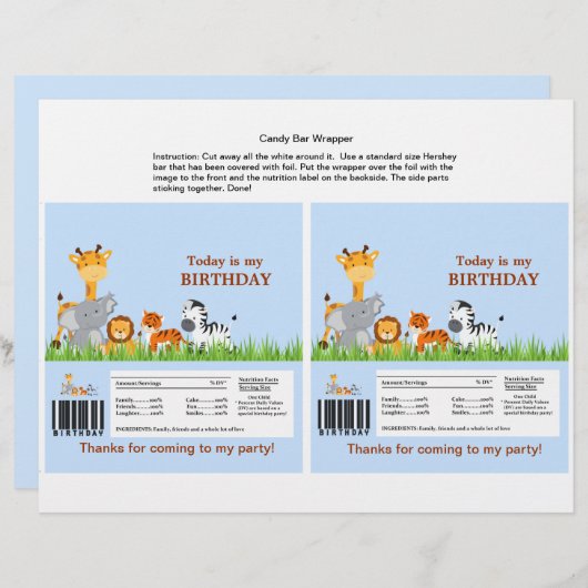 Cute Jungle Animals Boy Candy Bar Wrapper (Front/Back)