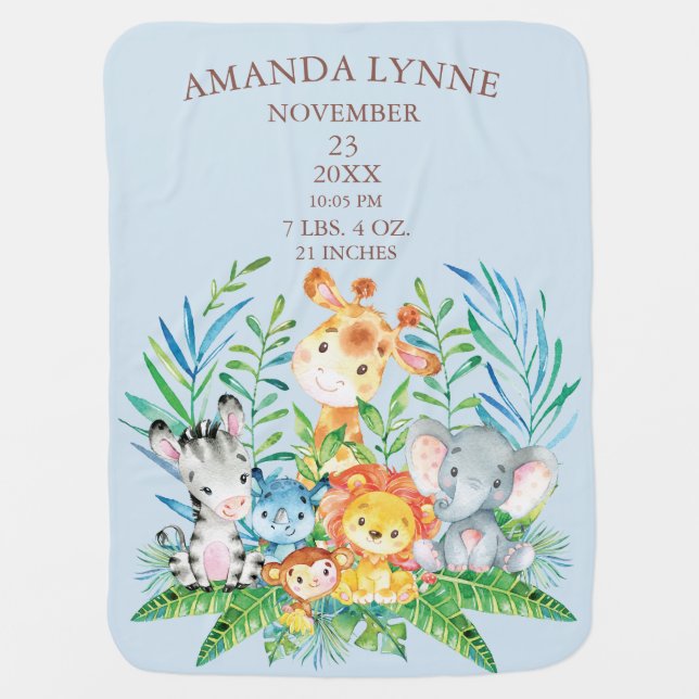 CUTE Jungle Animals Boys Birth Stats Blanket (Front)