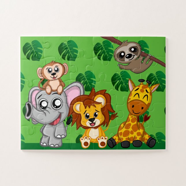 Cute Jungle Animals Cartoon Rainforest Safari Kids Jigsaw Puzzle (Horizontal)