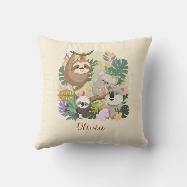 ​Cute Jungle Animals Floral Custom Name Throw pil Pillow (Back)