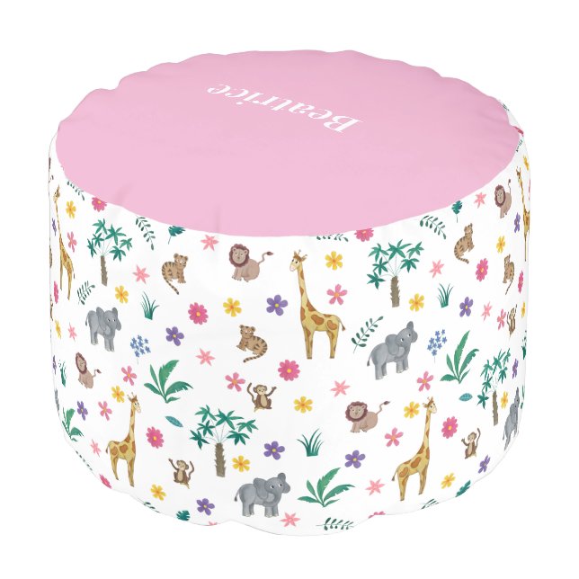 Cute jungle animals floral pouf (Angled Front)