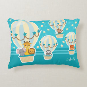 Cute Jungle Animals Flying in Hot Air Balloons Accent Pillow