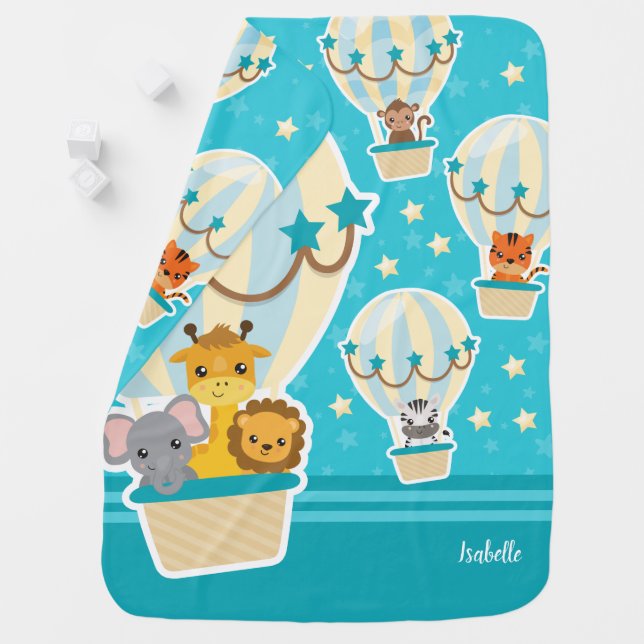 Cute Jungle Animals Flying in Hot Air Balloons Baby Blanket (In Situ)