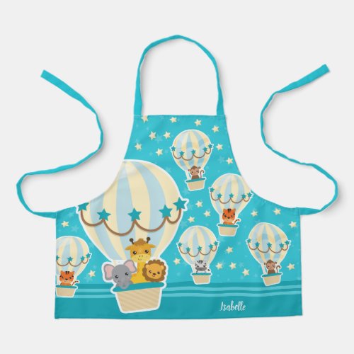 Cute Jungle Animals Flying in Hot Air Balloons Kid Apron