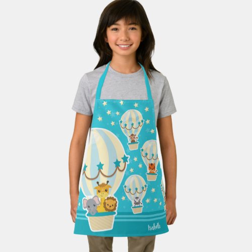 Cute Jungle Animals Flying in Hot Air Balloons Kid Apron