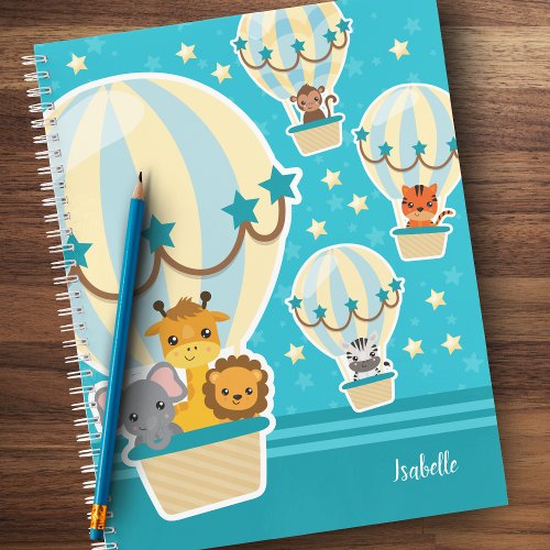 Cute Jungle Animals Flying in Hot Air Balloons Kid Notebook