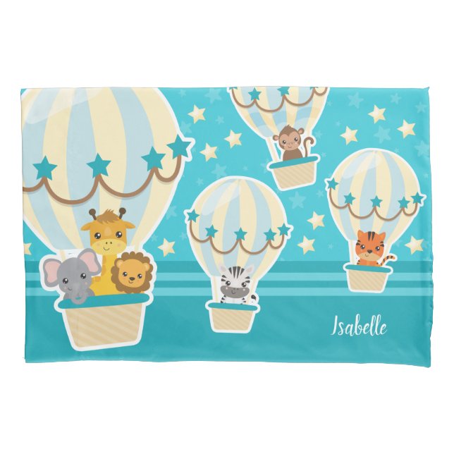 Cute Jungle Animals Flying in Hot Air Balloons Pillow Case (Front)