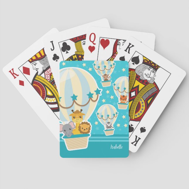 Cute Jungle Animals Flying in Hot Air Balloons Poker Cards (Back)
