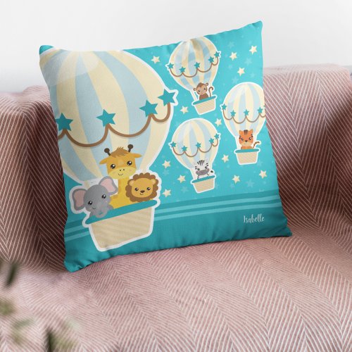 Cute Jungle Animals Flying in Hot Air Balloons Throw Pillow