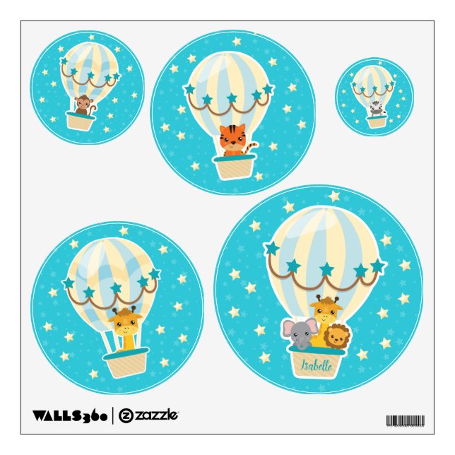 Cute Jungle Animals Flying in Hot Air Balloons Wall Decal (Front)