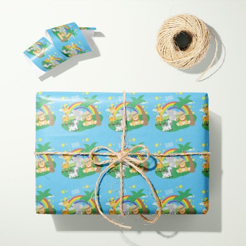 Cute Jungle Animals Flying in Hot Air Balloons Wrapping Paper