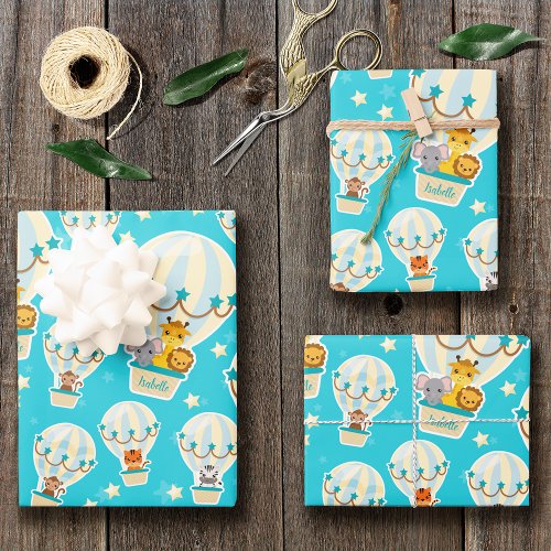 Cute Jungle Animals Flying in Hot Air Balloons Wrapping Paper Sheets