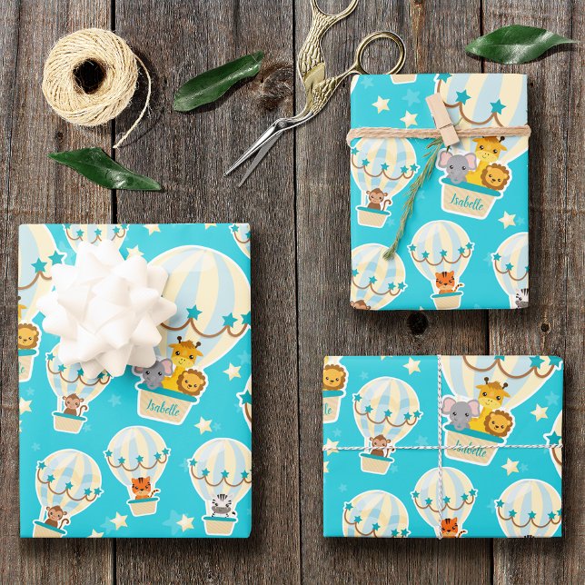 Cute Jungle Animals Flying in Hot Air Balloons Wrapping Paper Sheets (Creator Uploaded)