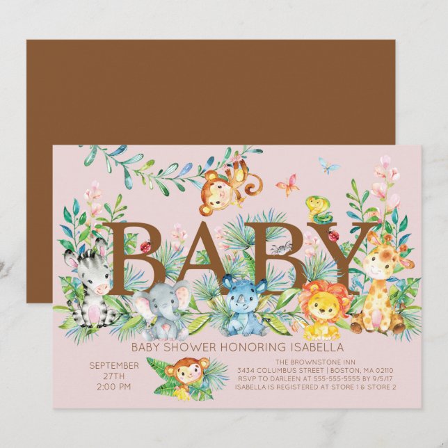 Cute Jungle Animals Girls Baby shower Invitation (Front/Back)