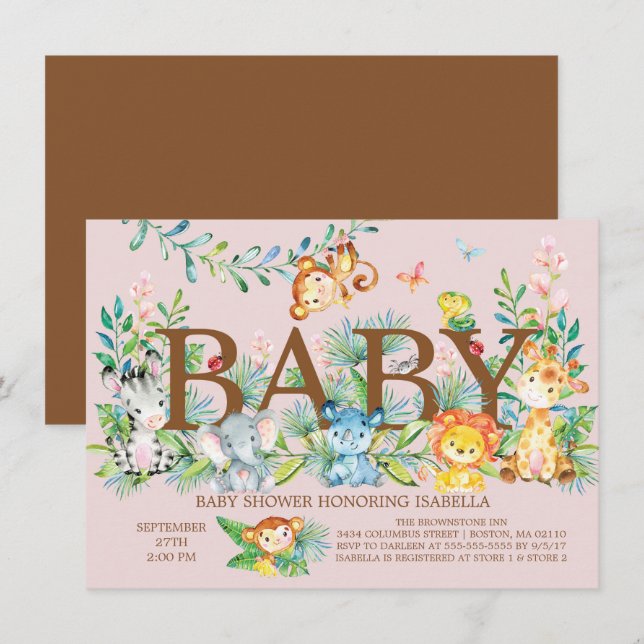 Cute Jungle Animals Girls Baby shower Invitation (Front/Back)