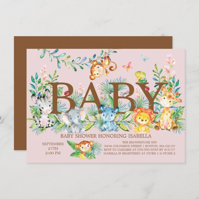 Cute Jungle Animals Girls Baby shower Invitation (Front/Back)