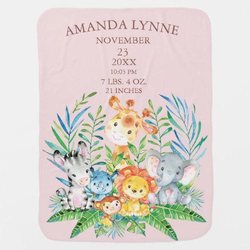 CUTE Jungle Animals GirlS Birth Stats Blanket