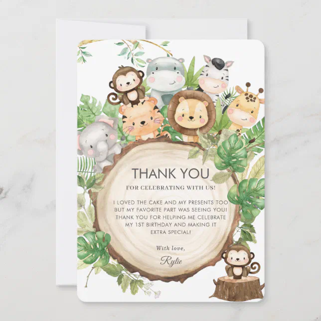 Cute Jungle Animals Greenery 1st Birthday Party Thank You Card | Zazzle