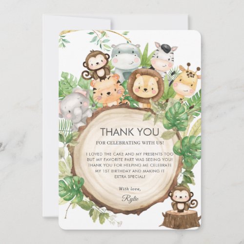 Cute Jungle Animals Greenery 1st Birthday Party Thank You Card