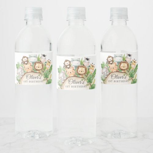 Cute Jungle Animals Greenery 1st Birthday Water Bottle Label