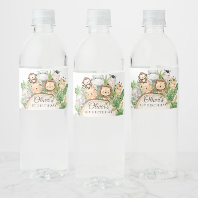 Cute Jungle Animals Greenery 1st Birthday Water Bottle Label (Bottles)