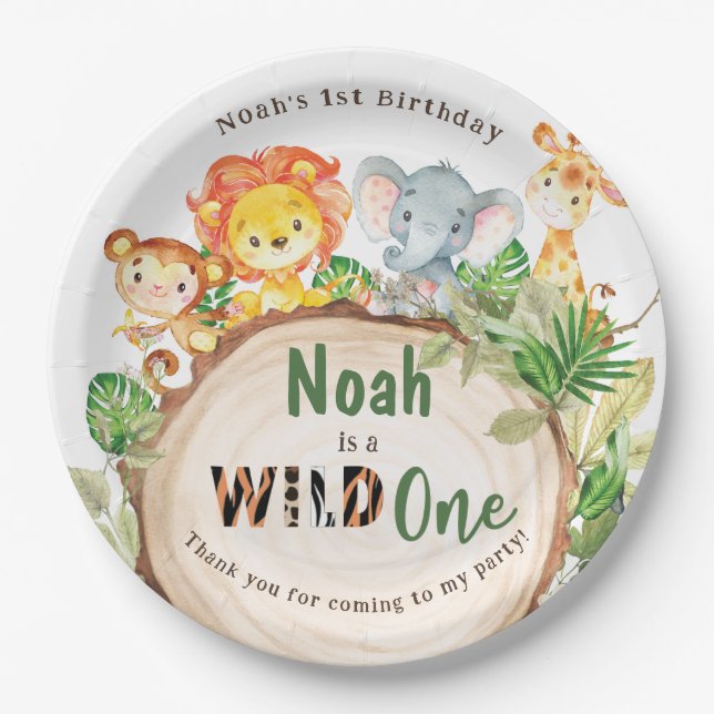 Cute Jungle Animals Greenery 1st Birthday Wild One Paper Plates (Front)