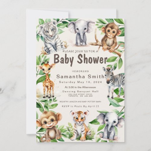 Cute Jungle Animals Greenery Baby Shover Invitation