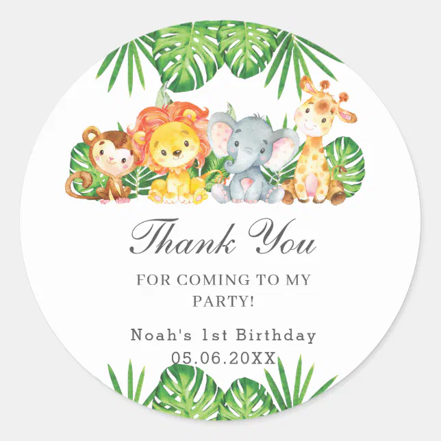 Cute Jungle Animals Greenery Baby Shower Birthday Classic Round Sticker ...