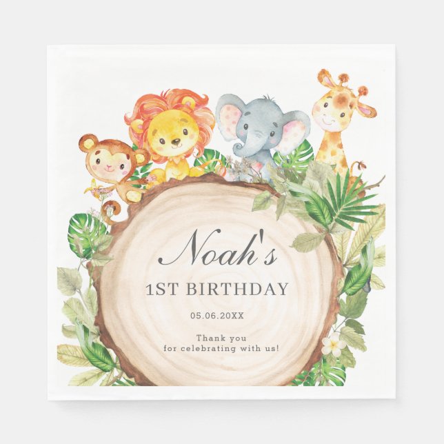 Cute Jungle Animals Greenery Baby Shower Birthday  Napkins (Front)