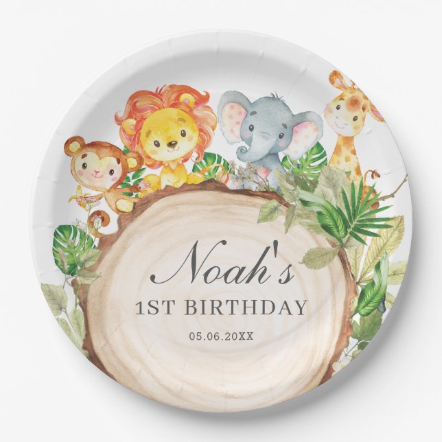 Cute Jungle Animals Greenery Baby Shower Birthday  Paper Plates (Front)