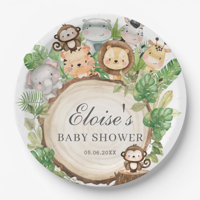 Cute Jungle Animals Greenery Baby Shower Birthday Paper Plates (Front)