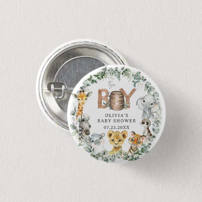 Cute Jungle Animals Greenery Boy Baby Shower  Button (Front & Back)