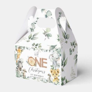 Cute Jungle Animals Greenery Boy Girl 1st Birthday Favor Boxes
