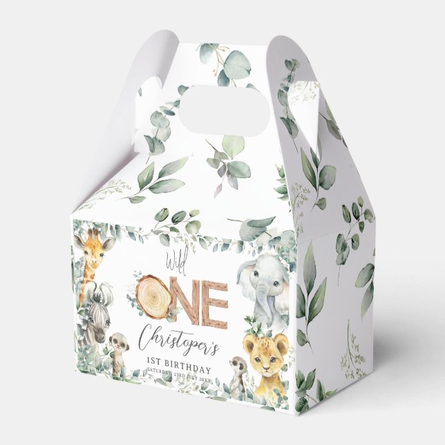 Cute Jungle Animals Greenery Boy Girl 1st Birthday Favor Boxes (Front Side)