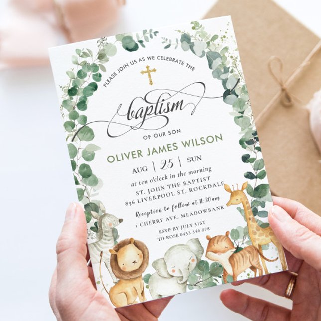 Cute Jungle Animals Greenery Christening Baptism   Invitation (Creator Uploaded)
