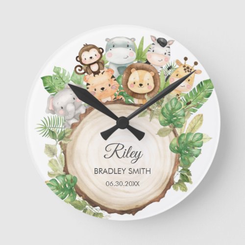 Cute Jungle Animals Greenery Kids Bedroom Nursery Round Clock