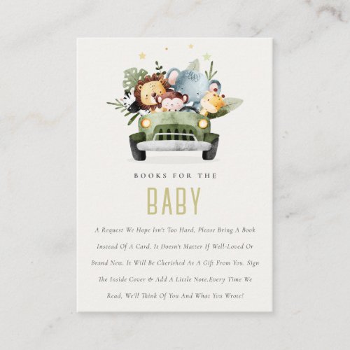 Cute Jungle Animals in Car Books For Baby Shower Enclosure Card