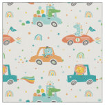 Cute Jungle Animals in Cars on white Fabric