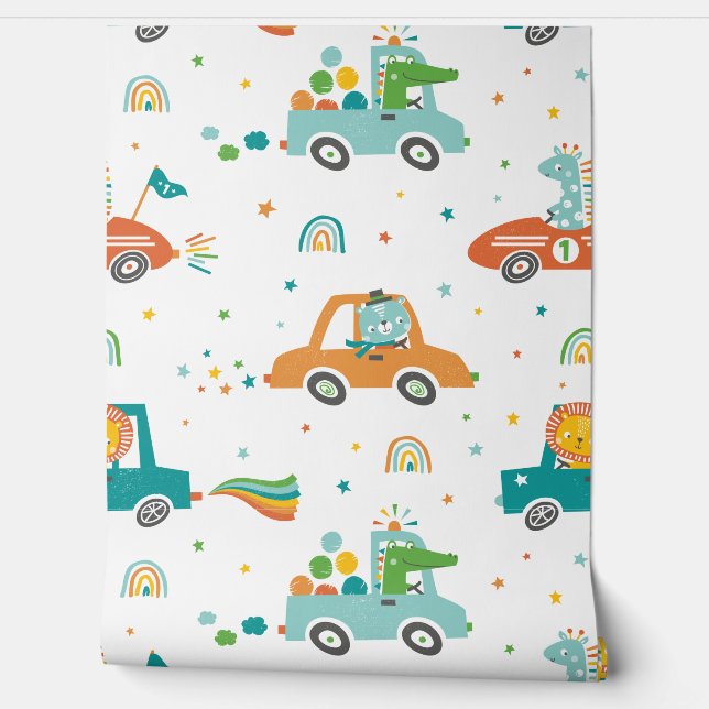 Cute Jungle Animals in Cars with rainbows Wallpaper (Unrolling)