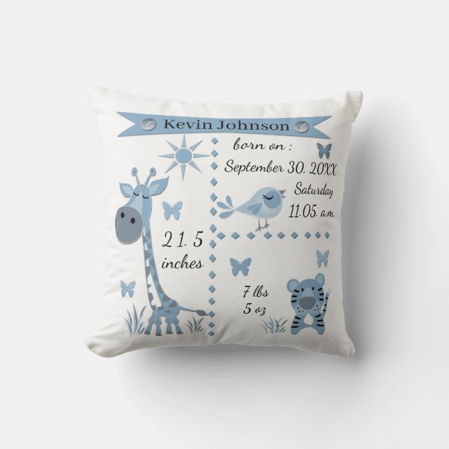 Cute jungle animals in light blue for boy throw pillow (Front)