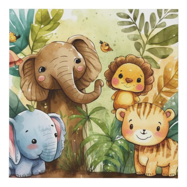 Cute Jungle Animals Kids Nursery Faux Canvas Print (Front)