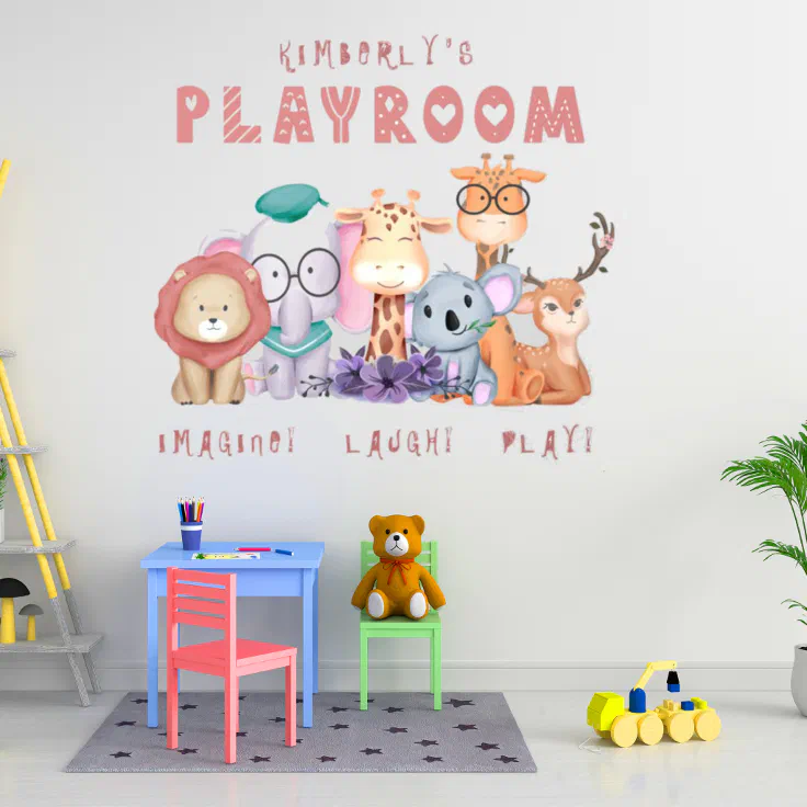 Cute Jungle Animals Kids Personalized Playroom Wall Decal | Zazzle