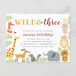 Cute Jungle Animals & Leaves Wild & Three Birthday Invitation Postcard