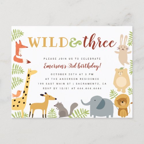 Cute Jungle Animals  Leaves Wild  Three Birthday Invitation Postcard