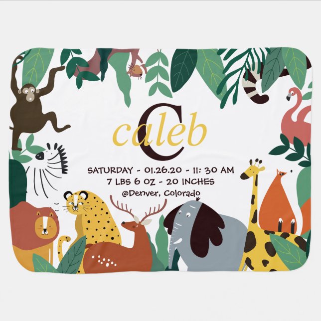 Cute Jungle Animals Nursery Birth Stats Receiving Baby Blanket (Horizontal)