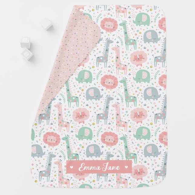 Cute jungle animals on white baby blanket (In Situ)