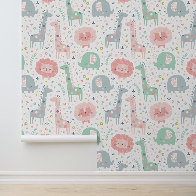 Cute jungle animals on white wallpaper  (Application)