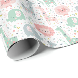 Cute jungle animals on white wrapping paper