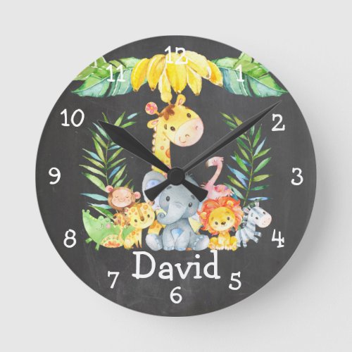 Cute Jungle Animals Personalized Chalkboard Round Clock