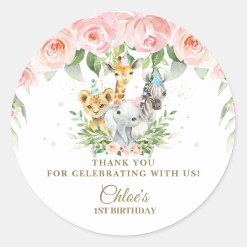 Cute Jungle Animals Pink Floral Thank You Favor  Classic Round Sticker